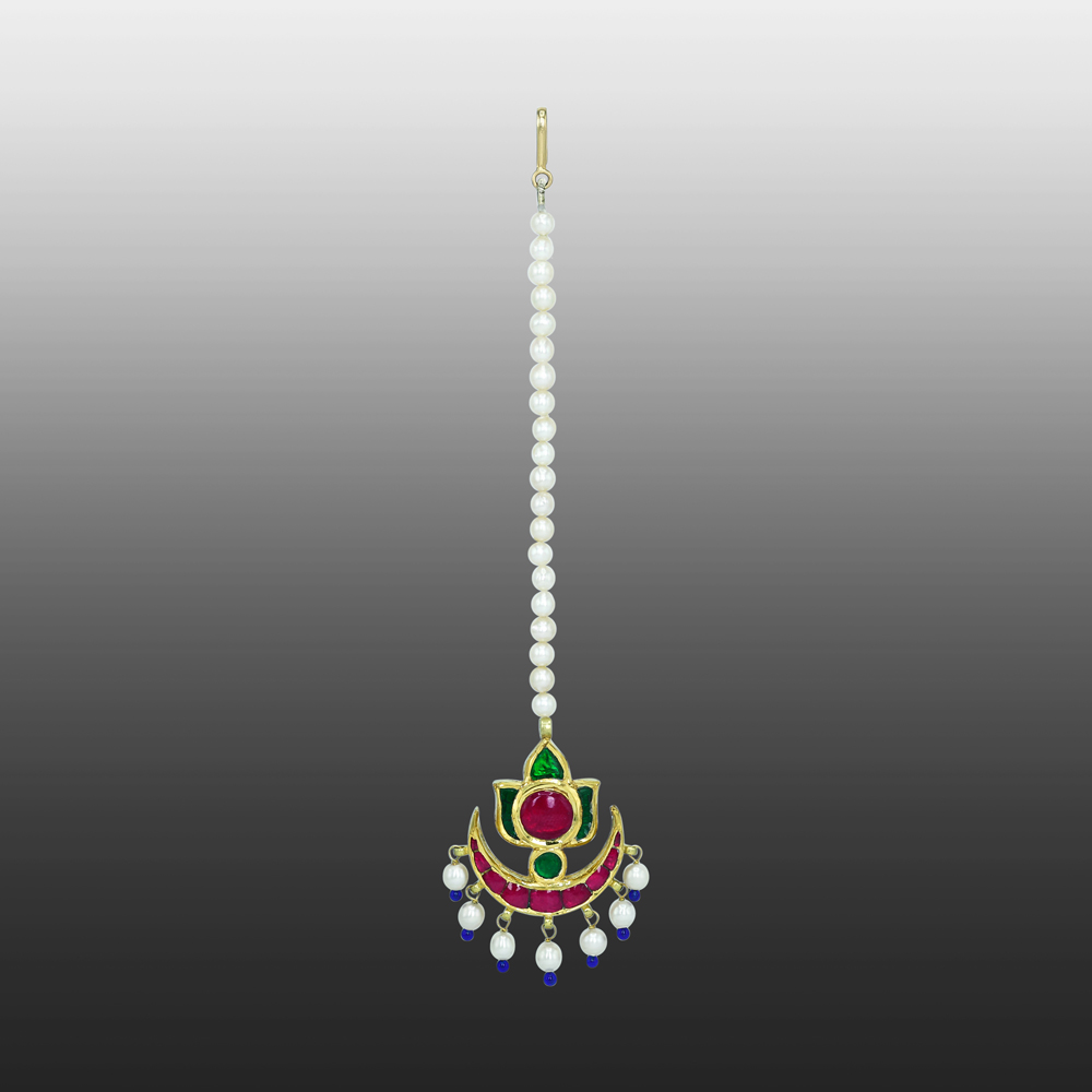 Crescent Cabochon Mangtikka with Red-Green Stones and Pearls